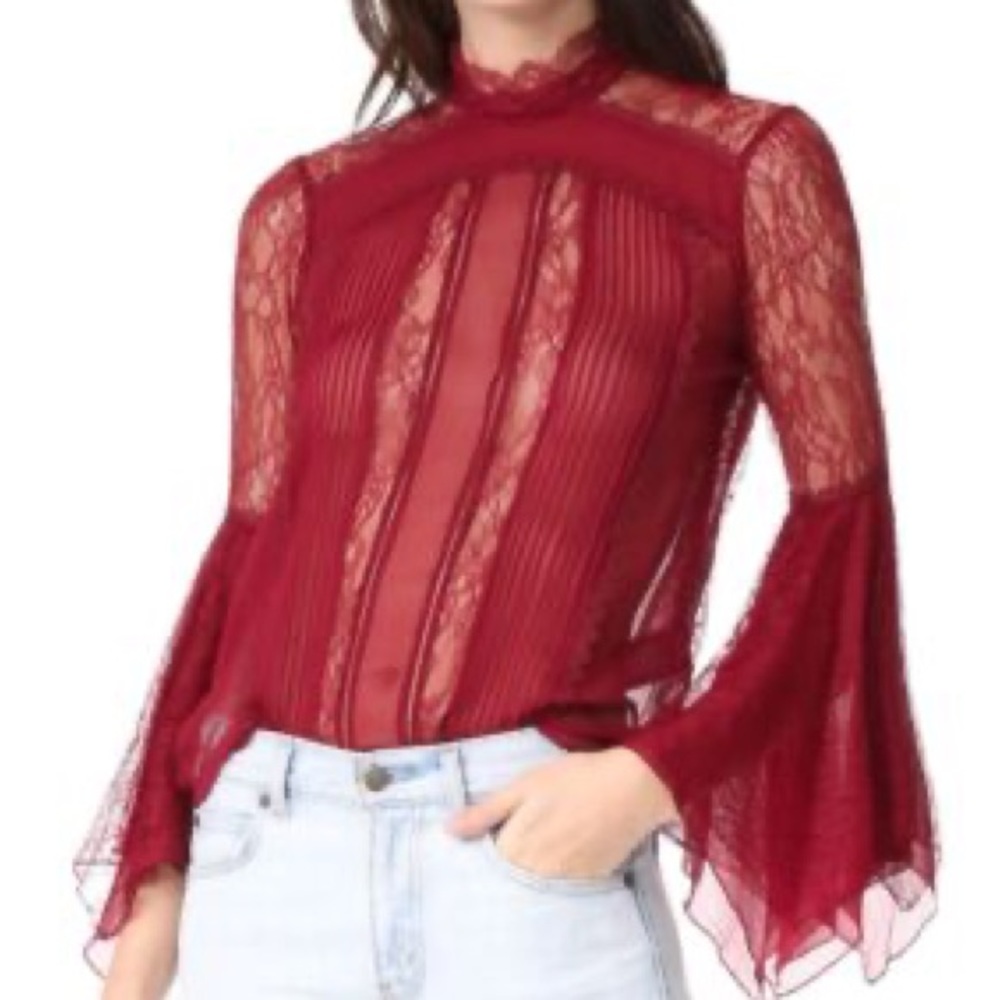 Alice and Olivia Women’s Deep Red Hanker-chief Silk Lace Top